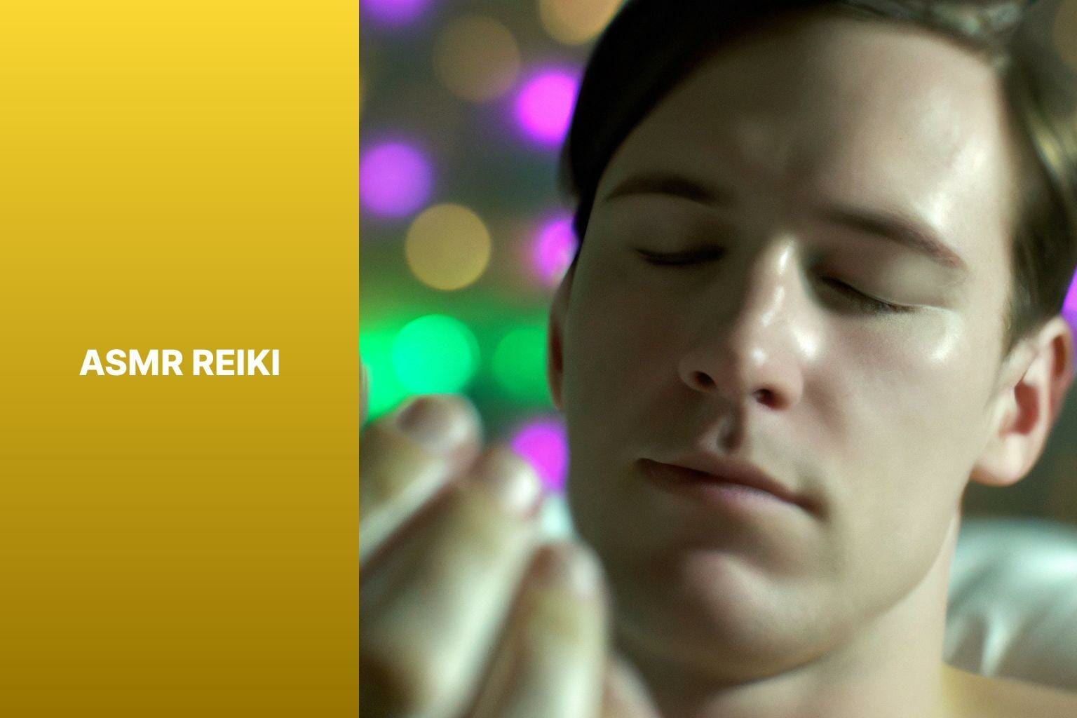 A man practicing Reiki with his eyes closed in front of a colorful background.