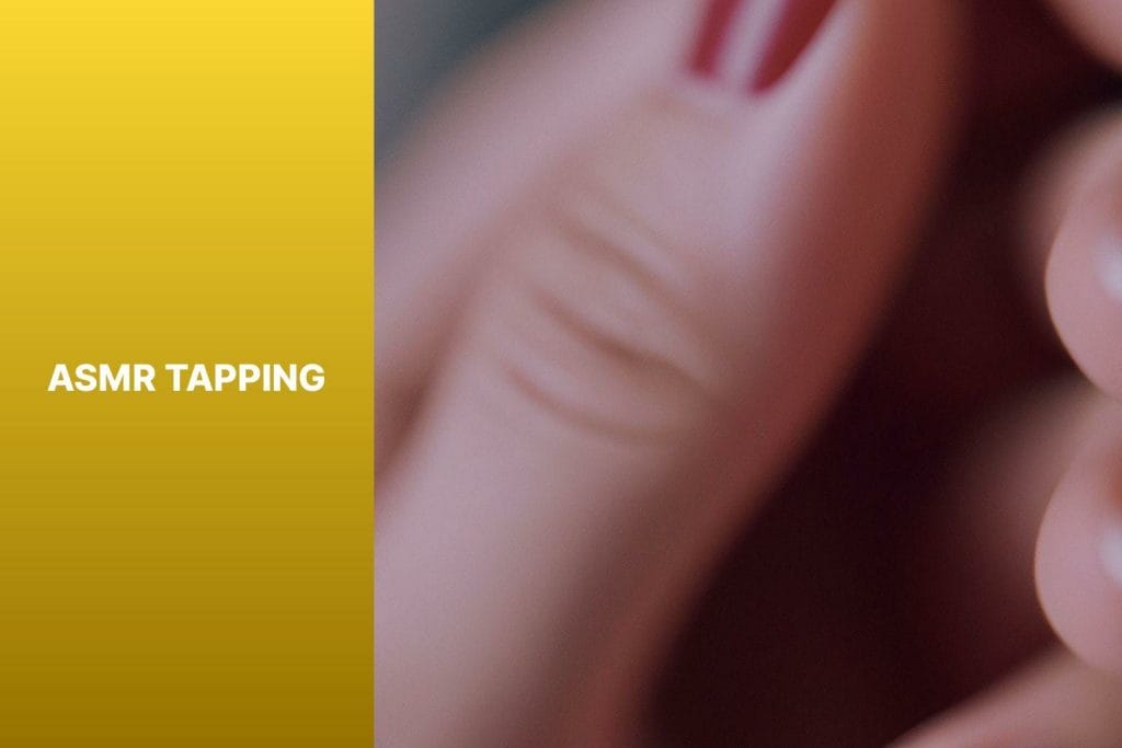 A yellow background accentuates a woman's hand engaged in ASMR tapping.